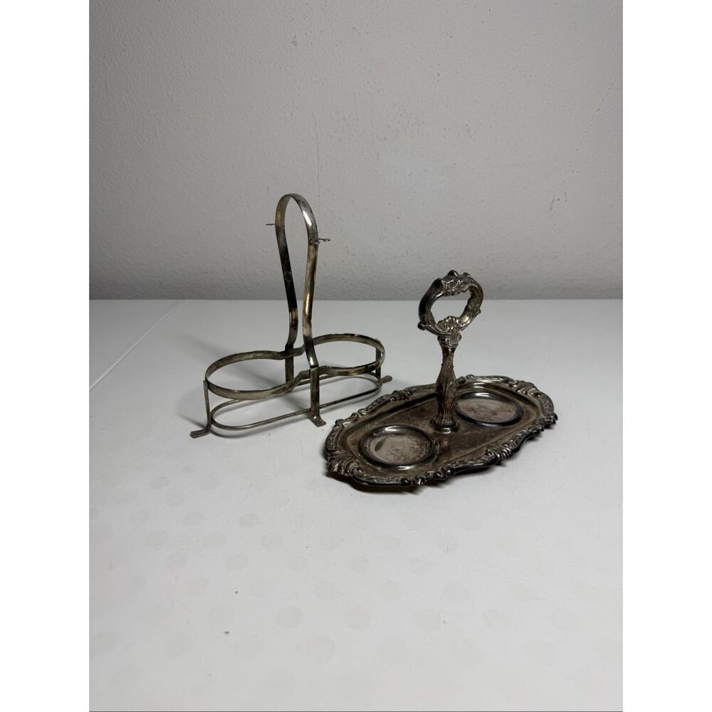 Vintage Sheridan & Sheffert Silverplate Cruet Stand + Double Tray Lot 2 Ornate